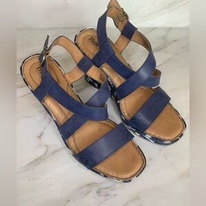 Born Blue and Tan Wedge Sandals with Ankle Strap